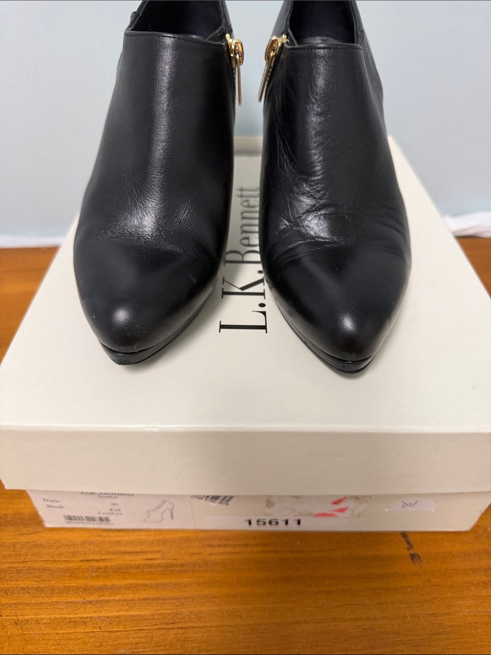 LK Bennett Black Pointed-Toe Doris Leather Ankle Booties with Gold Zipper 36